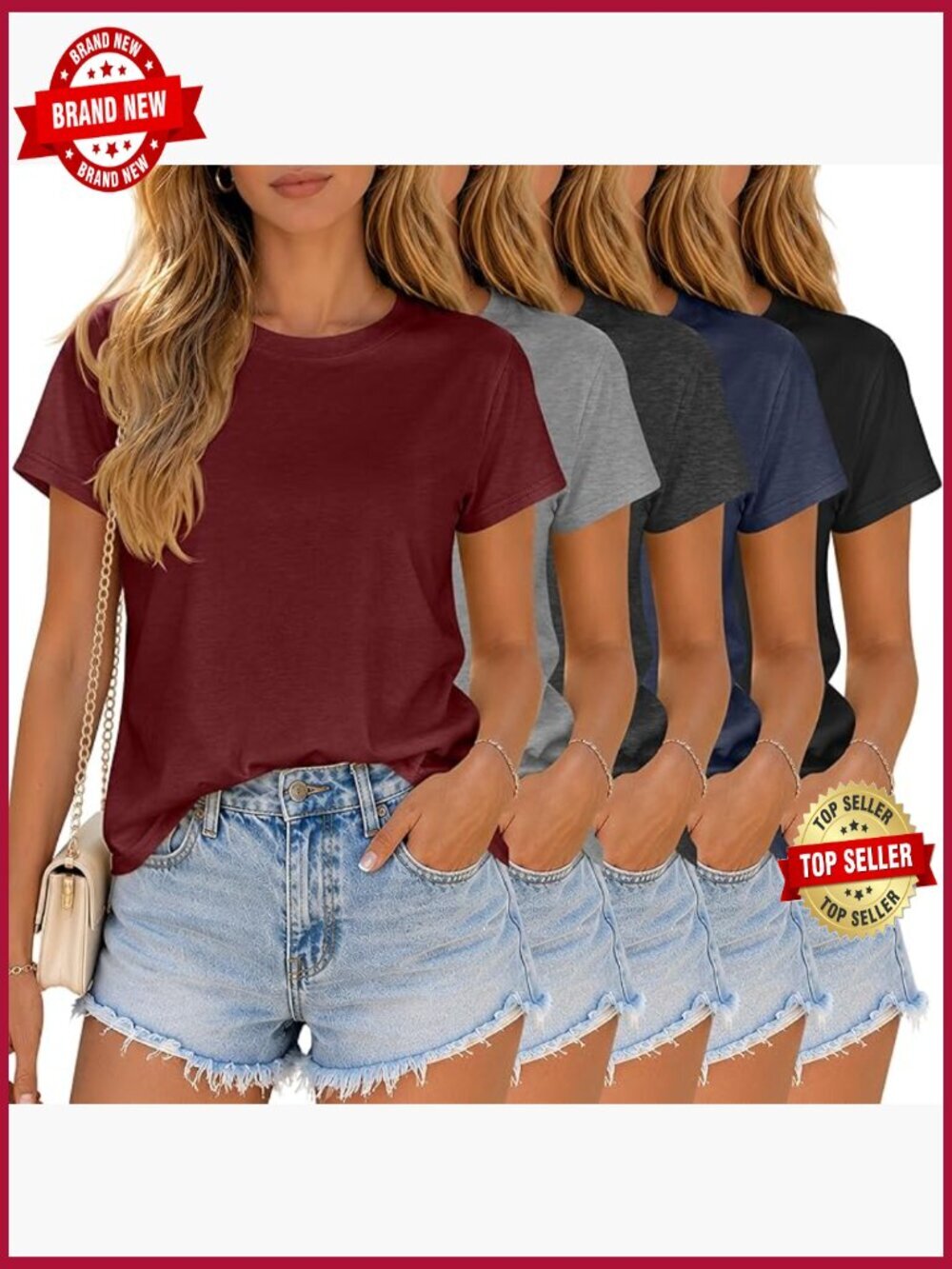 5 Pack Women's Short Sleeve Tees Crew Neck Basic Knit Summer Tops Multipack